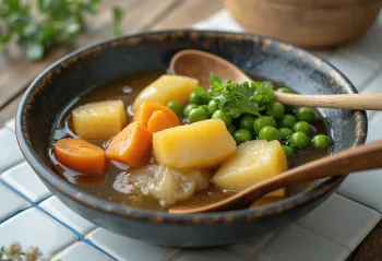 Vegetable Nikujaga served with rich vegetables and fresh cilantro