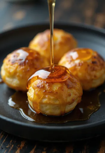 Golden brown Æbleskiver pancake balls served with maple syrup