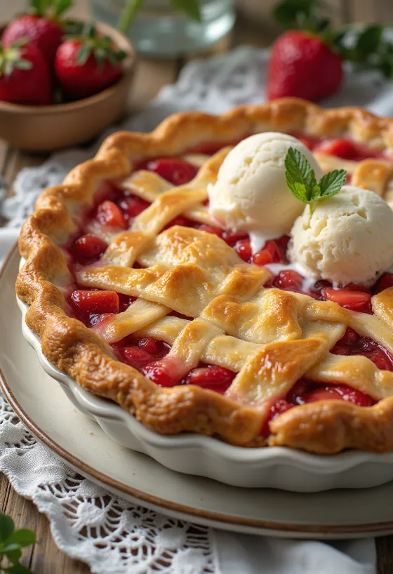 Rustic strawberry pie with lattice top