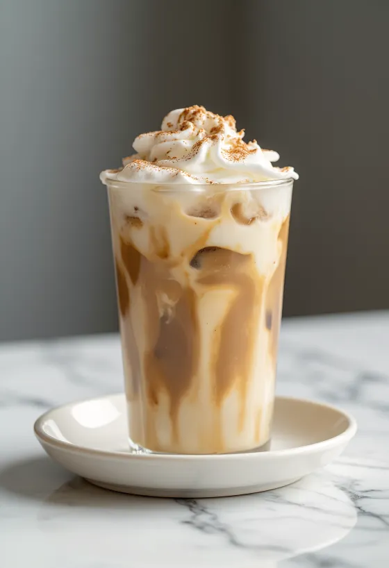 Cinnamon iced coffee topped with whipped cream