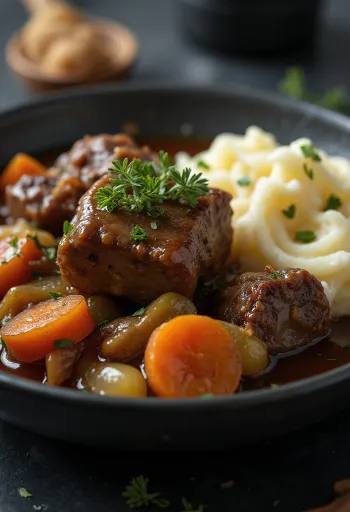 Hearty lamb shoulder stew served in a rustic bowl