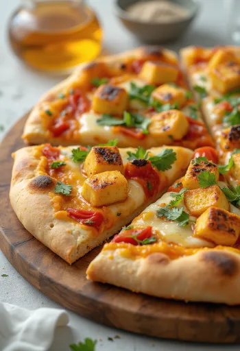 Paneer tikka pizza with yogurt sauce and veggies