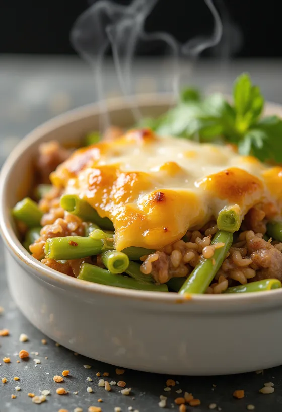 Layered Green Bean Casserole topped with fresh sour cream and browned cheese.