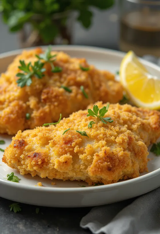 Golden fried breaded chicken cutlets