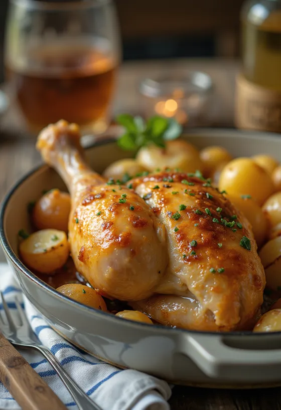 Juicy stuffed chicken leg served with fresh vegetables and potatoes.