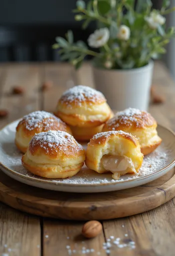 Powdered sugar dusted Æbleskiver stuffed with almonds