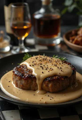 Peppercorn steak served with creamy sauce