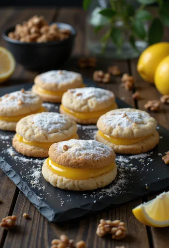 Lemon Walnut Linzer Cookies served on a plate
