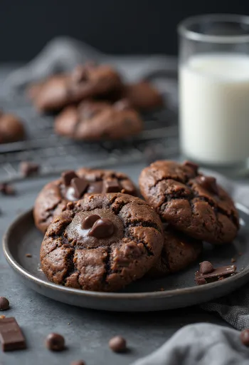 Rich chocolate chip cookies with melted chocolate chunks and a dusting of powdered sugar