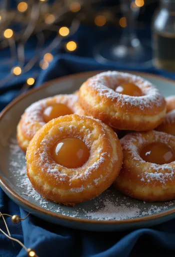 Golden brown doughnuts dusted with sugar and served with apricot jam