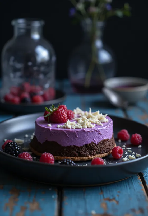 Chocolate berry mousse cake served with slices