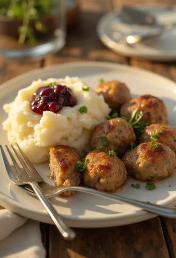 Swedish meatballs served with lingonberry jam and fresh herbs