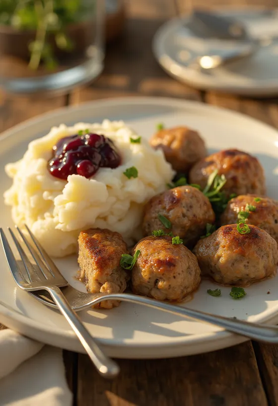 Swedish meatballs served with lingonberry jam and fresh herbs
