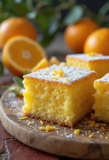 Golden orange cake squares dusted with sugar