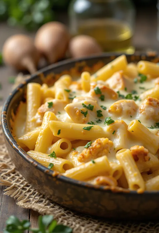 Baked chicken pasta served on a white plate with golden cheese topping.