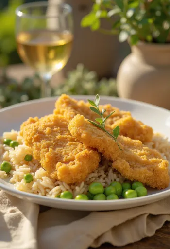 Chicken schnitzel with rice and peas