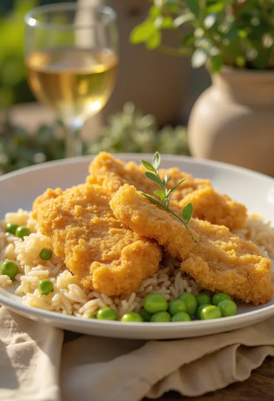 Chicken schnitzel with rice and peas