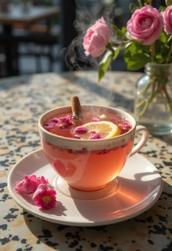 Rose petal cider in a mug