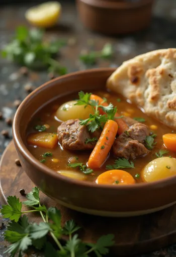 Shurpa beef soup with cilantro and vegetables