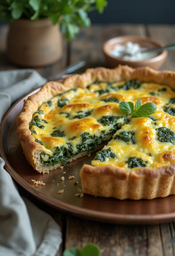 Slices of vegan spinach quiche