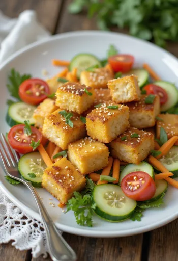 Baked tofu served with fresh vegetable salad