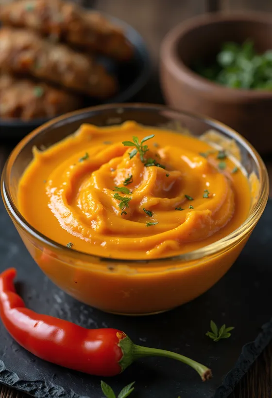 Creamy bell pepper sauce served in a bowl