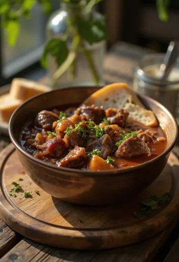 Hearty wild boar stew with rich gravy, served with potatoes.