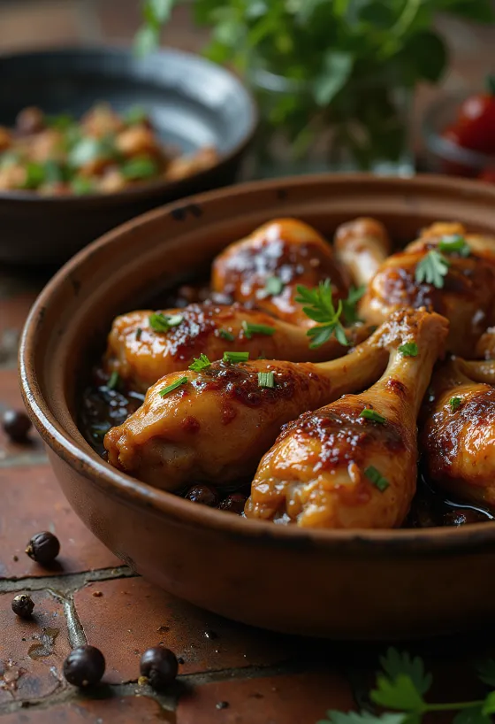 Braised chicken thighs in dark soy and vinegar sauce with bay leaves