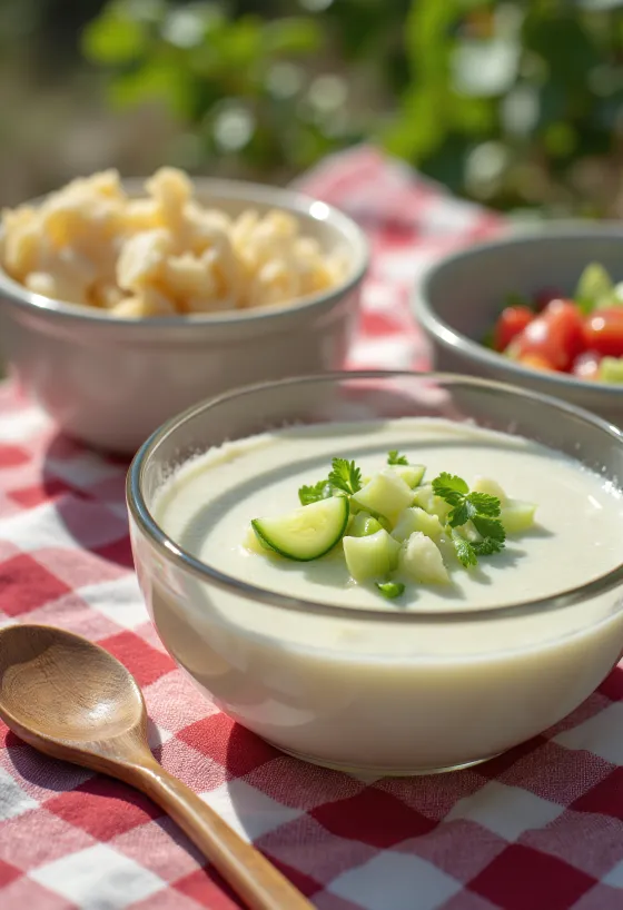 Bowl of white Ajo Blanco soup topped with cucumber and almonds