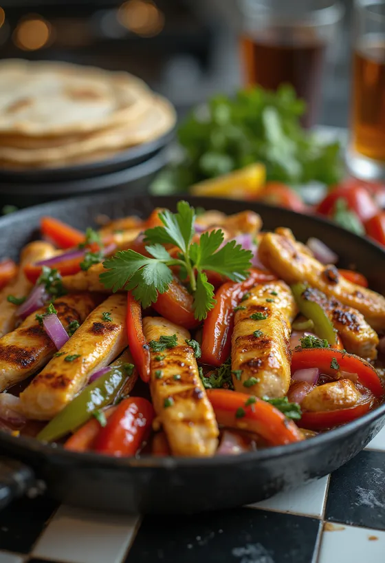 Sizzling chicken fajitas served with colorful peppers