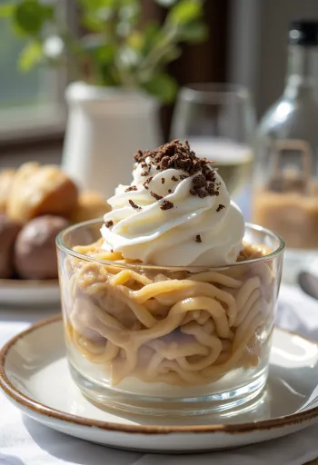 Chestnut puree topped with whipped cream and chocolate shavings