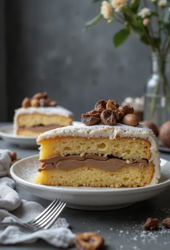 Slice of chestnut cake decorated with chocolate