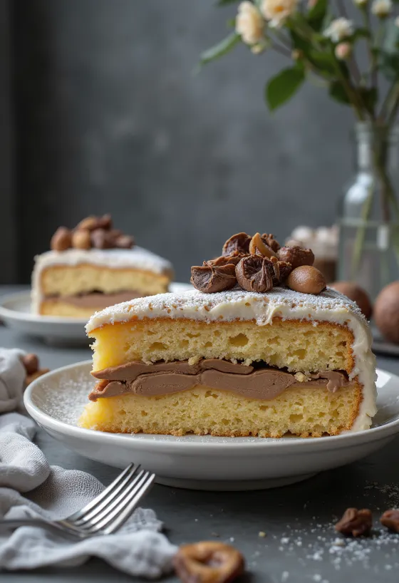 Slice of chestnut cake decorated with chocolate