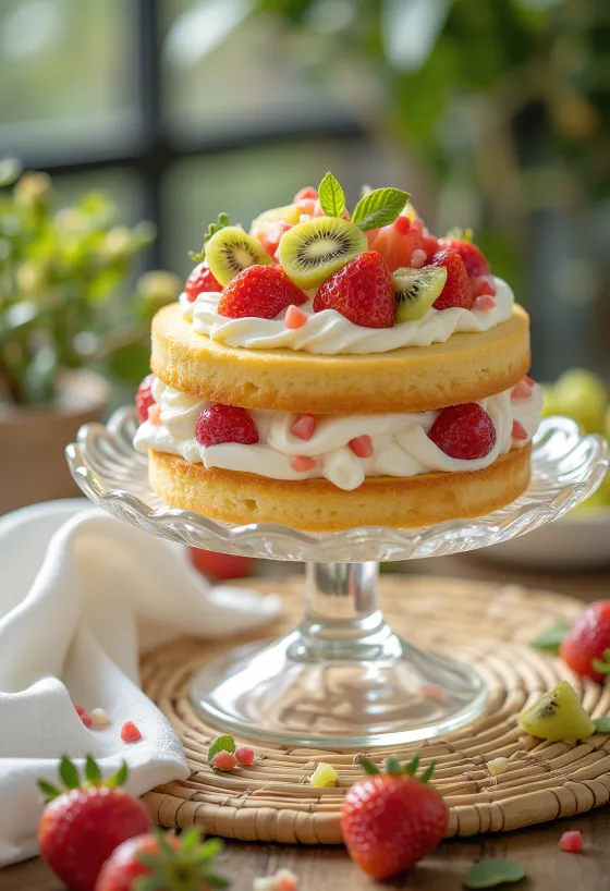 Fruit cream sponge cake served