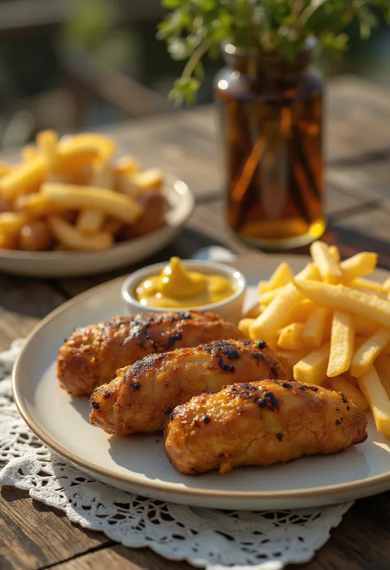 Mici meat rolls with fries and mustard
