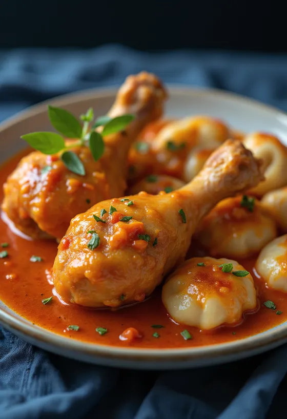 Juicy Chicken Paprikash in creamy paprika sauce, served on a white plate.