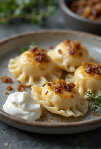 Potato Pierogi served with caramelized onions