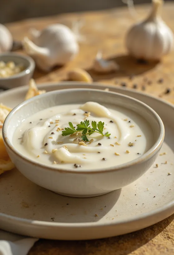 Creamy garlic rosemary sauce in a bowl, served with fresh rosemary and toasted bread.