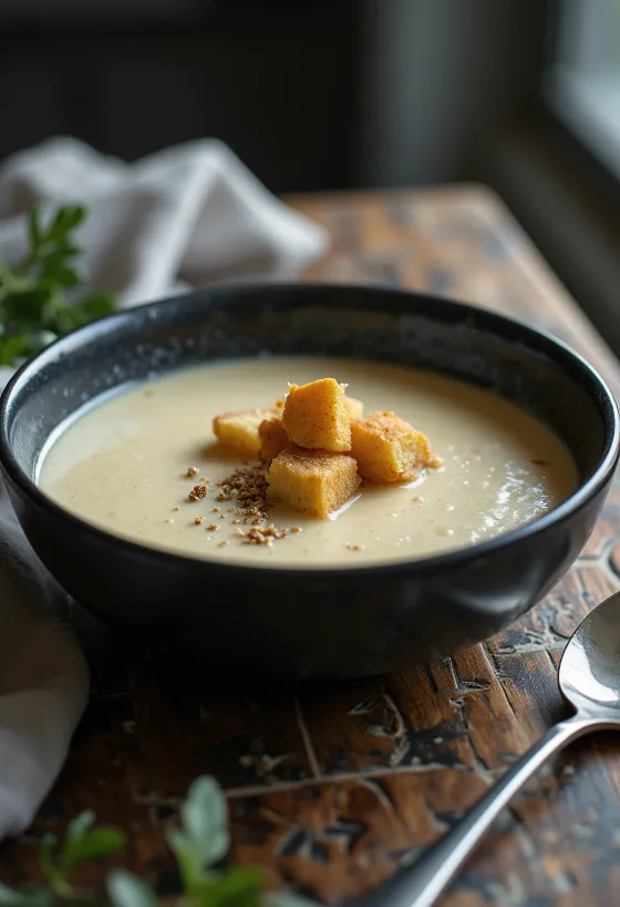 Roasted celery root soup served with croutons