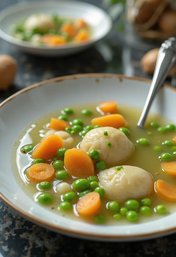 Fresh green pea soup with tender vegetables and parsley.
