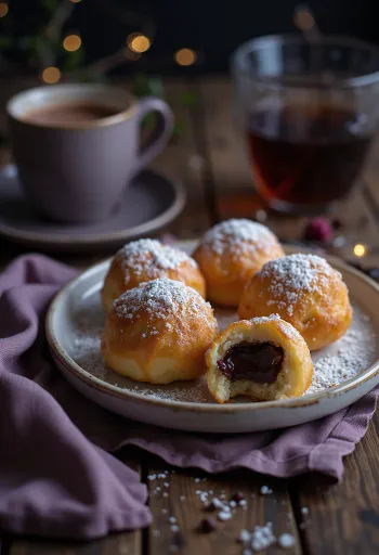 Round Danish Æbleskiver pancakes dusted with powdered sugar