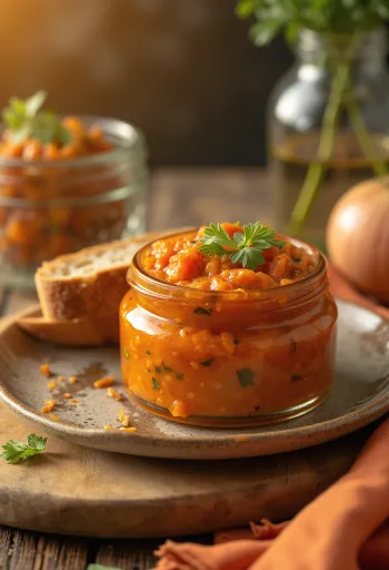 Ajvar with garlic, rich sauce with red peppers and eggplant