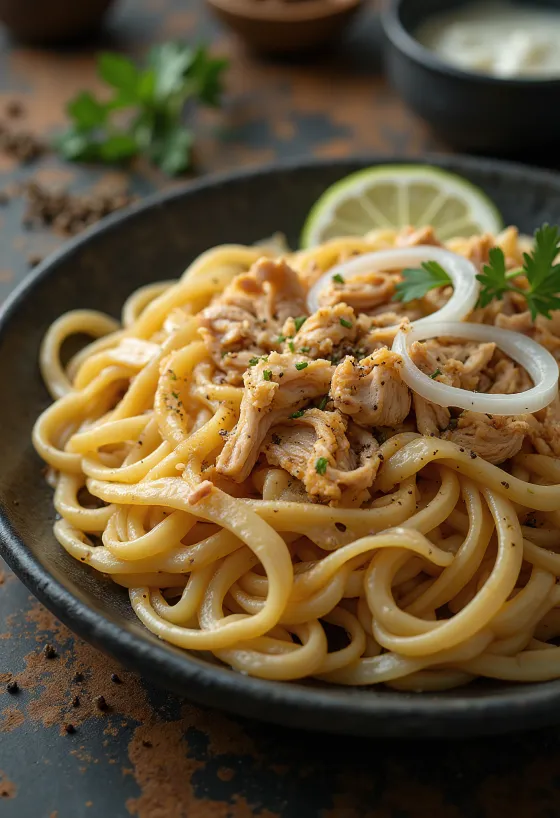 Chicken Beshbarmak served on a large platter with dough sheets and onions
