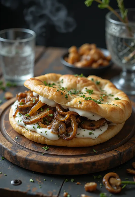 Mushroom pita with roasted mushrooms and yogurt sauce