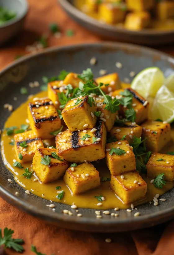 Grilled tofu with curry tahini sauce