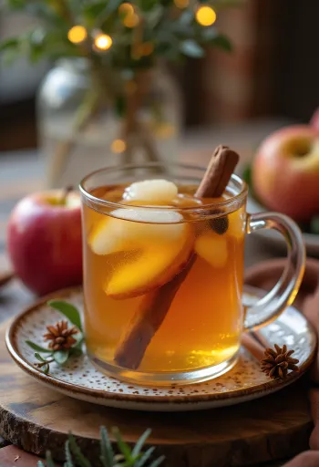 A glass of Christmas apple cider with orange slice and cinnamon stick.