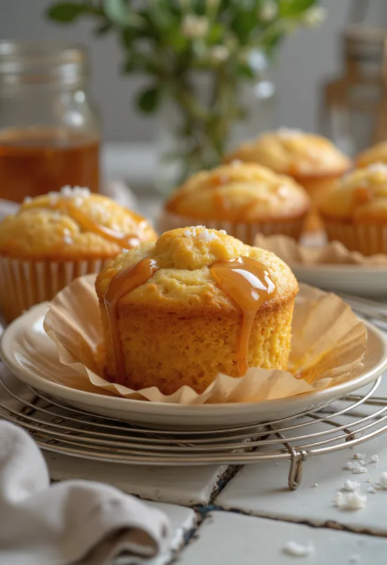 Golden muffins with caramel drizzle