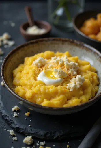 Freshly cooked, creamy polenta served with butter and cheese on a wooden board.