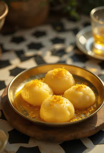 Saffron Rasgulla, cheese balls swimming in saffron syrup