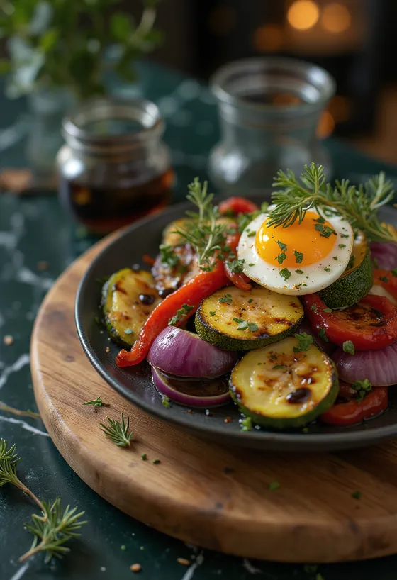 Balsamic roasted vegetables served on a plate
